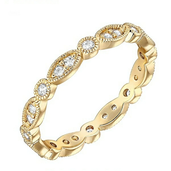 14K Gold Plated Cubic Zirconia Round Milgrain Eternity Ring - Picture 5 of 5